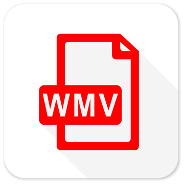 wmv file red flat icon with long shadow on white background