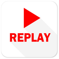 replay red flat icon with long shadow on white background