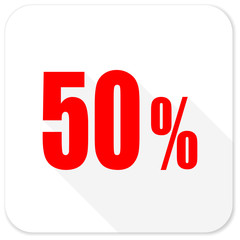 50 percent red flat icon with long shadow on white background