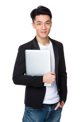 Asian Businessman hold with laptop computer