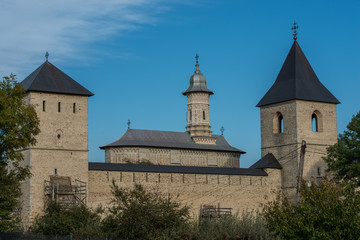 Fototapeta na wymiar View of Dragomirna monastery behind trees