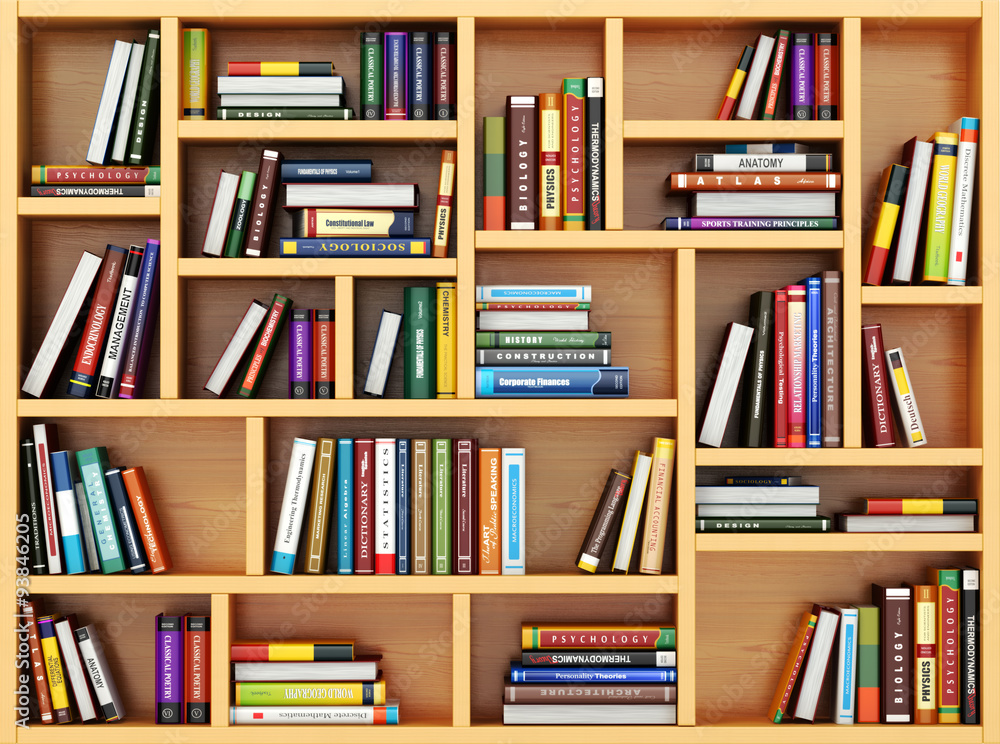 Poster Education concept. Bppks and textbooks on the bookshelf.