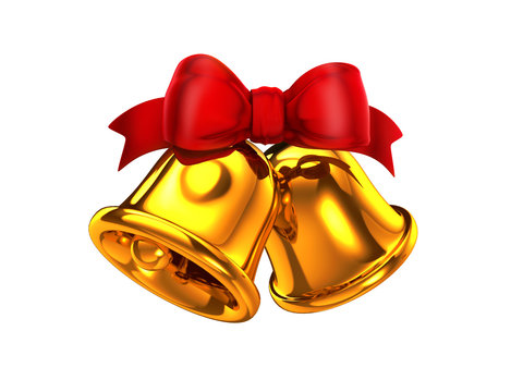 Golden bells with a red bow. isolated on white.