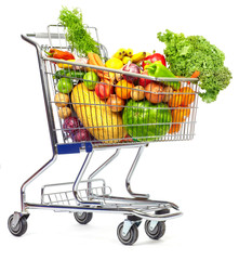 Grocery shopping cart with vegetables and fruits.