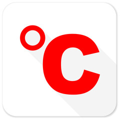 celsius red flat icon with long shadow on white background