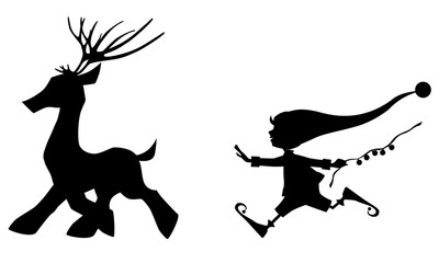 Black silhouette running deer and cute Christmas elf