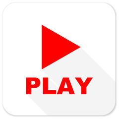 play red flat icon with long shadow on white background