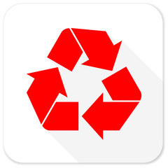 recycle red flat icon with long shadow on white background