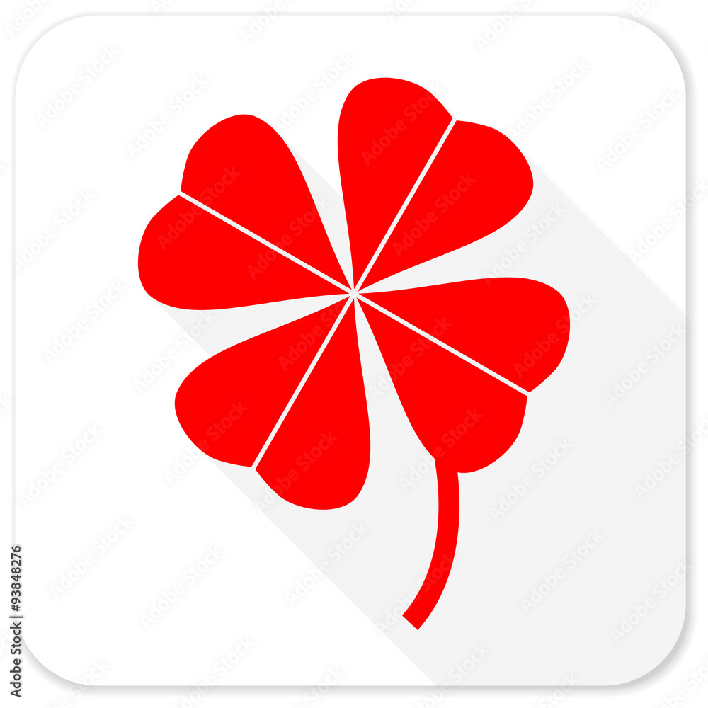 Poster four-leaf clover red flat icon with long shadow on white background
