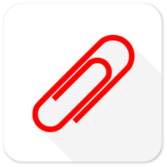 paperclip red flat icon with long shadow on white background