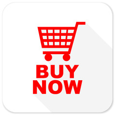 buy now red flat icon with long shadow on white background