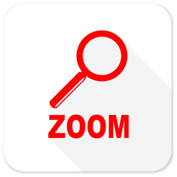 zoom red flat icon with long shadow on white background