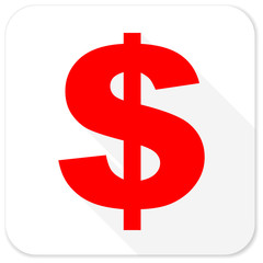 dollar red flat icon with long shadow on white background