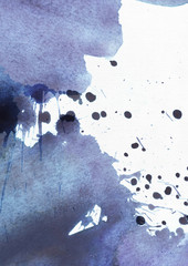 Dark blue and purple stains watercolor background, with lots of splashes and drops. Raster illustration.