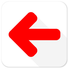 left arrow red flat icon with long shadow on white background
