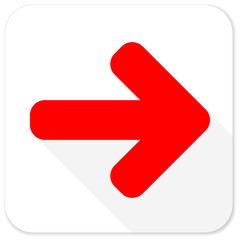 right arrow red flat icon with long shadow on white background