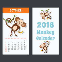 Calendar with a monkey for 2016. The month of October. 
