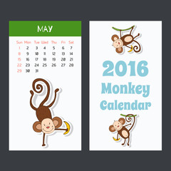 Calendar 2016 with cute monkey. May.