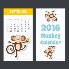 Cute kids 2016 calendar pages with a little monkey. September.