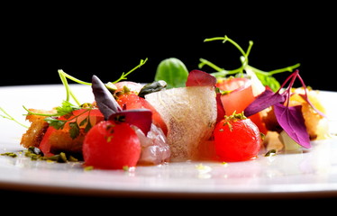 Haute cuisine appetizer with tuna tartare, watermelon and spices