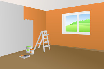 Modern interior room construction orange green ladder paint window illustration vector