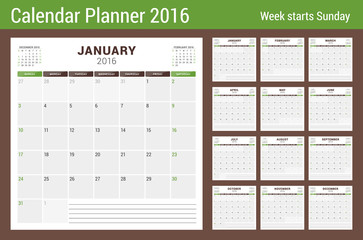 Calendar Planner for 2016 Year. Vector Stationery Design Print Template. Square Pages with Place for Notes. 3 Months on Page. Week Starts Sunday. 12 Months