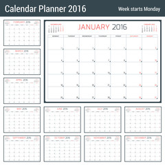 Calendar Planner for 2016 Year. Vector Stationery Design Template. 3 Months on Page. Week Starts Monday. 12 Months