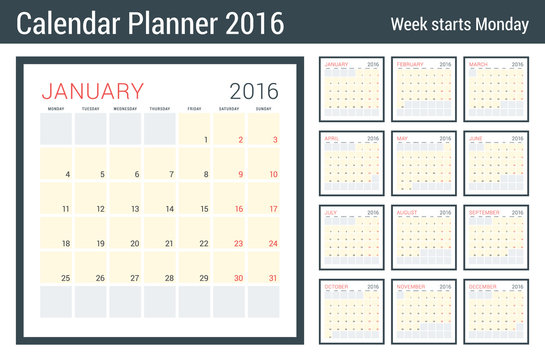 Calendar Planner for 2016 Year. Vector Stationery Design Print Template. Square Pages with Place for Notes. Week Starts Monday. 12 Months