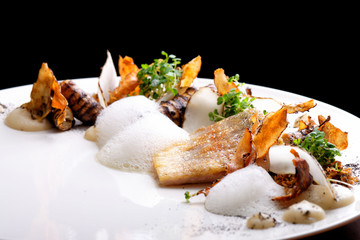 Haute cuisine, white fish fillet with sweet potato