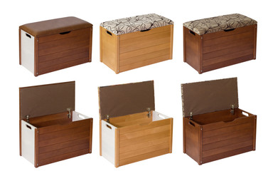 Collage of retro style wooden chests isolated on white.