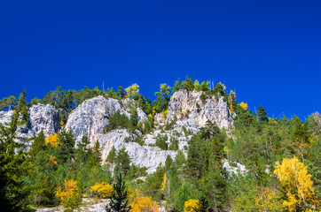 The colors of autumn. Autumn landscape in mountains with colorful forest and blue sky.