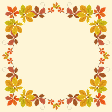 Autumn background, square frame with yellow leaves