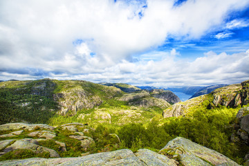 Hiking trail and alpine landscape of the Preikestolen and Lysefjord area in Rogaland, Norway