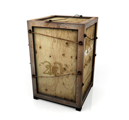 Old wooden crate with rusty metal isolated on white background