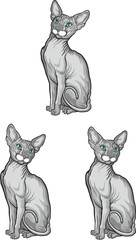 Set of sphynx cat. Vector illustration. Tattoo style.