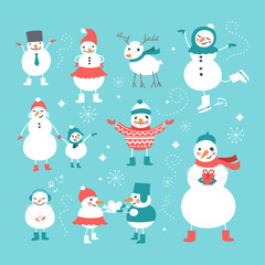 Set of Christmas and New Year Cute Hand Drawn Vector Decorative Design Elements with Cartoon Characters