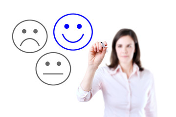 Business woman select happy on satisfaction evaluation.  Isolated on white. 
