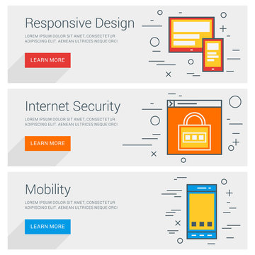 Responsive Design. Internet Security. Mobility. Line Art Flat Design Illustration. Vector Web Banners Concepts