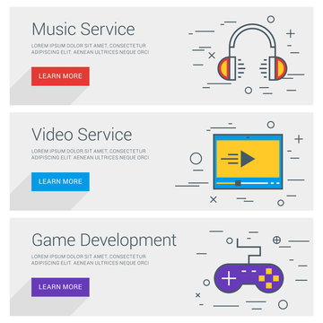 Music Service. Video Service. Game Development. Line Art Flat Design Illustration. Vector Web Banners Concepts