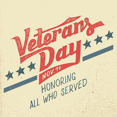 Veterans day greeting card with hand-drawn typographic design in vintage style