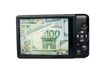 camera  with euro banknotes on screen isolated on white