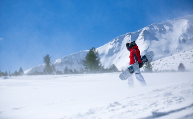 Naklejka na ściany i meble snowboarder against panoramic winter mountains