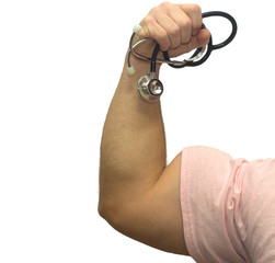 Strong Medicine - A man flexing his bicep while holding a stethoscope. Healthy living, medical vaccines, breast cancer awareness and many other health and medical concepts.