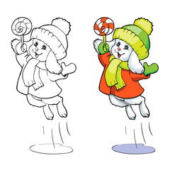 Coloring book or page. Bunny in a coat with candy.