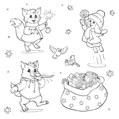 Coloring book or page. Cartoon Animals with Christmas gifts.