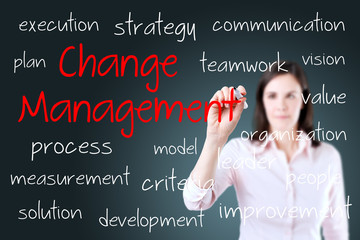 Young business woman writing change management concept 