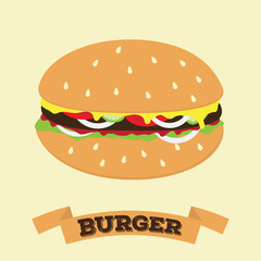 Flat cartoon hamburger symbol with banner place for text vector fast food icon illustation