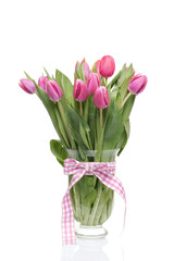 fresh tulips in vase, isolated on white background