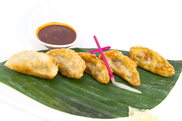 Japanese dumplings with lettuce on white background
