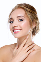 Naklejka premium Portrait of beautiful woman on white background